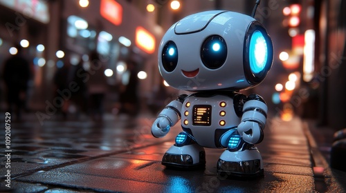 Wallpaper Mural A cute robot with glowing features stands on a city street at night. Torontodigital.ca