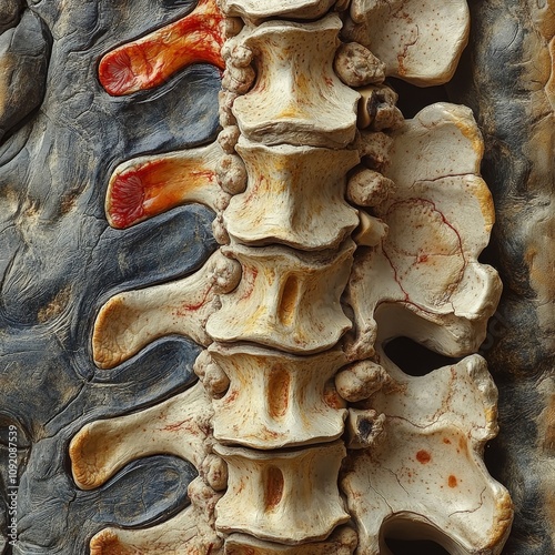 Highly detailed cross-section of lumbar spine and sacral region, emphasizing nerve pain and spinal compression injury photo