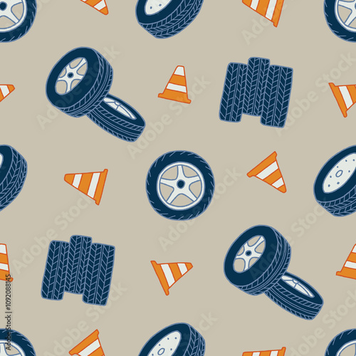 Tire Wheel Cone Vector Seamless Pattern illustration for Print, Wallpaper, Decoration.
