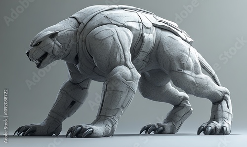 A fierce, robotic panther, rendered in shades of gray, crouches menacingly, showcasing intricate armored plates and sharp claws. photo