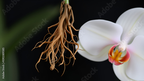 Close up Orchid with an aerial roots. Aerial roots are roots growing above the ground. photo