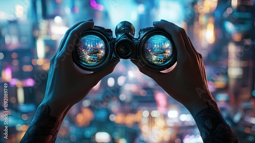 A person looking through binoculars, seeing a futuristic utopia in vivid detail.