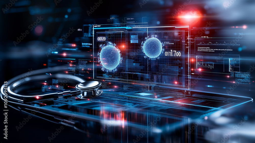 Futuristic virtual monitoring with digital health data and stethoscope Futuristic virtual monitoring with digital health data and stethoscope
