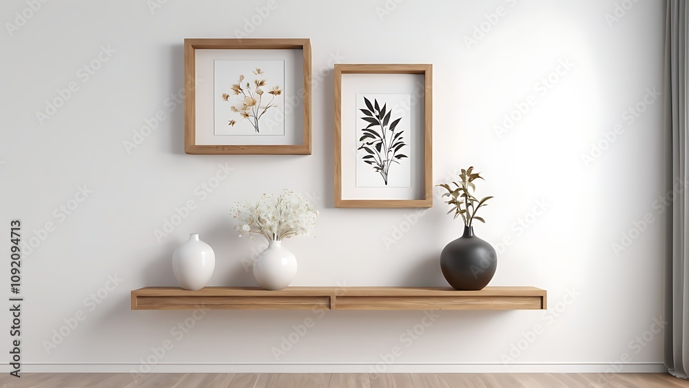 Fototapeta premium Wood floating shelf with frames and vases on white wall Storage organization for home Interior desig