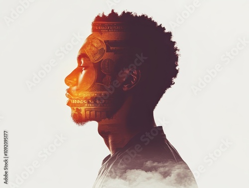 Entrepreneur man with money swirling in the air close up, focus on, copy space Prosperityfocused, vibrant tone Double exposure silhouette with stock market symbols photo