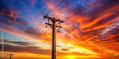 Wooden electricity distribution pole and cables against sunset sky in UK