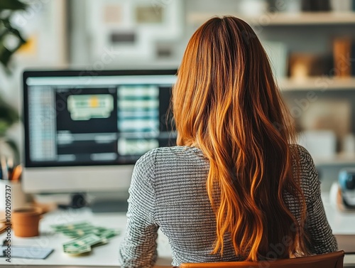 A businesswoman sitting at her desk with floating dollar bills in the background, copy space, professional success and wealth theme, dynamic, Composite, stock market backdrop photo