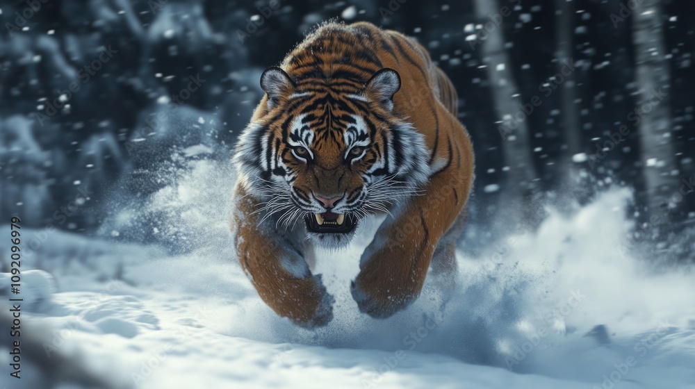 Obraz premium A Siberian tiger charges through the snow, its powerful muscles and sharp teeth visible.