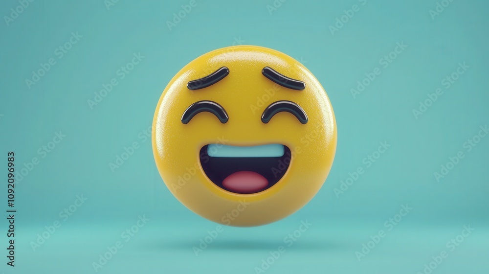 Fototapeta premium A cheerful yellow emoji with a big smile and raised eyebrows, set against a soft teal background, exuding happiness and positivity.