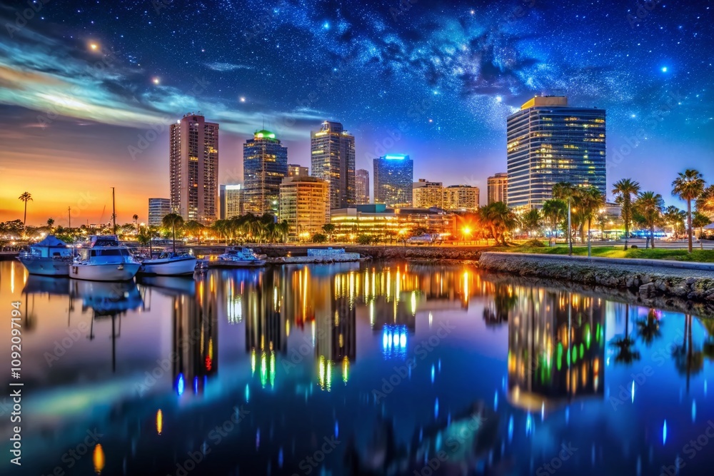 Obraz premium Captivating Night Photography of Long Beach, California: Illuminated Cityscape, Vibrant Harbor, and Starry Sky Reflections over the Pacific Ocean at Dusk