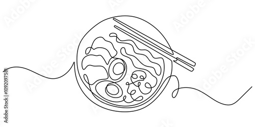 Ramen with chopsticks one line drawing. Traditional meals in a minimalist style.