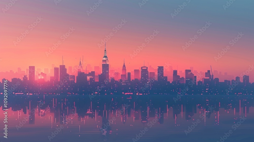 Fototapeta premium City skyline at sunset reflected in water.