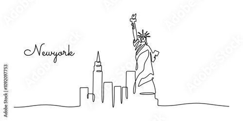 New York City skyline one line drawing. Clean representation of city landmarks for urban themes.