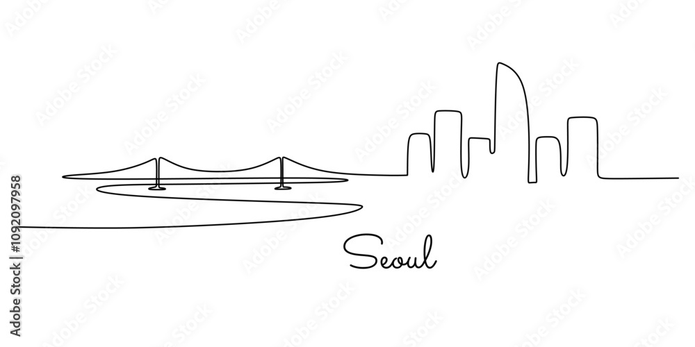 Obraz premium Seoul’s iconic landmarks in a one line drawing. Simple vector illustration for city concepts.