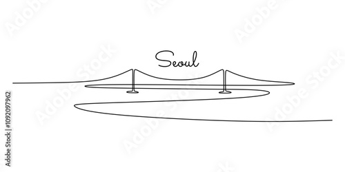 Seoul’s landmarks in continuous one line drawing. Clean minimalist vector design of the city.