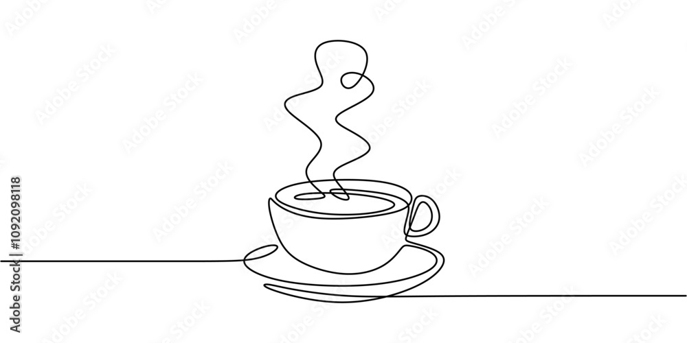 Coffee cup with steam rising in continuous one line drawing. Minimalist food and drink illustration. Coffee cup with steam rising in continuous one line drawing. Minimalist food and drink illustration.