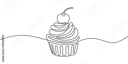 Cupcake with cream and cherries in continuous one line drawing. Minimalist dessert illustration. photo