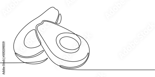 Halved avocado with seed in one line drawing. Minimalist vector for food and drink themes.