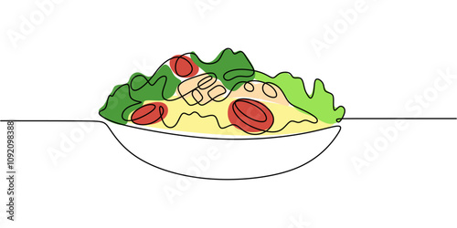 Plate of salad with vegetables in continuous one line drawing. Minimalist food concept.