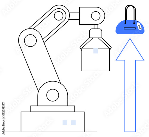 Robotic arm lifting a shopping bag with an upward arrow. Ideal for technology, automation, industry, progress, shopping, logistics, modern advancements. Line metaphor