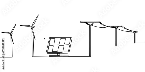 Power grid with electricity poles and wind turbines in continuous one line drawing. Renewable energy.