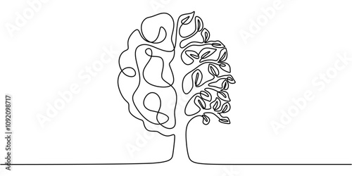 Human brain with a tree growing, drawn in continuous one line style. Psychological growth concept.