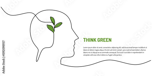 Tree growing inside a human head in one line drawing. Psychological well-being and nature.