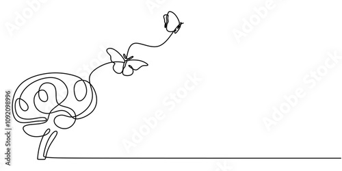 Butterfly emerging from a brain in continuous one line drawing. Transformation and mental growth.
