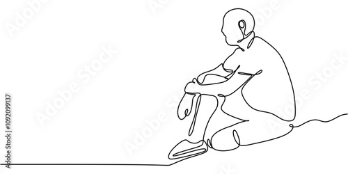 Person sitting still, looking at reflection in continuous one line drawing. Self-reflection concept.