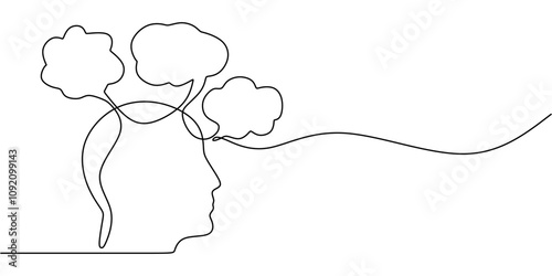 Floating thought bubbles in one line drawing. Mental process of ideas coming together.