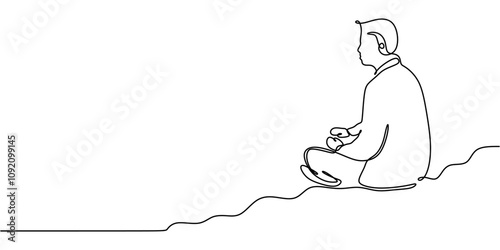 Person meditating on a mountain in one line drawing. Journey to psychological balance and tranquility.