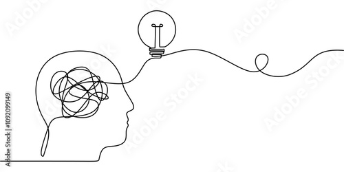 Brain in a maze connected to light bulbs in one line drawing. Finding solutions in psychology.