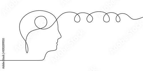 Head with unraveling thread in one line drawing. Unwinding thoughts and freeing the mind.