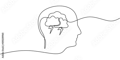 Face with a storm inside in one line drawing. Symbolizing psychological struggles and distress.
