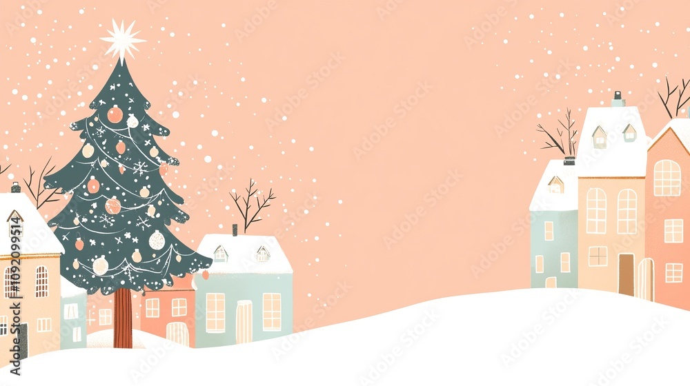 Festive Winter Village Scene with Decorated Christmas Tree