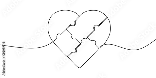 Puzzle Heart. Continuous Line Drawing Symbolizing Love, Connection, and Completeness.