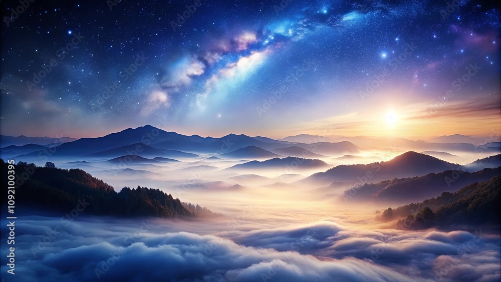 Fototapeta premium A Serene Landscape of Mountains Bathed in Golden Light and Covered in Mist, with the Milky Way and Stars Illuminating the Night Sky