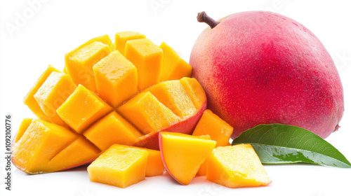 Mango fruit with mango cubes and slices. Isolated on a white background