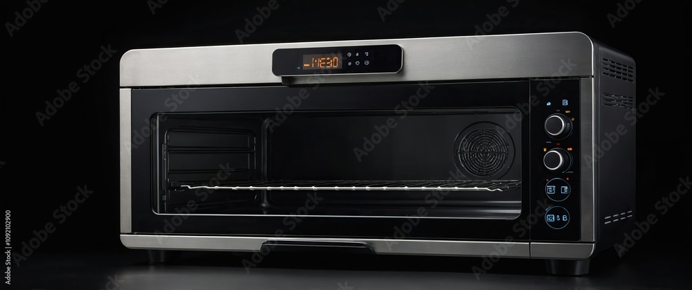 Modern electric oven on black background, ideal for baking and roasting, combining functionality with sleek design. Modern electric oven on black background, ideal for baking and roasting, combining functionality with sleek design.