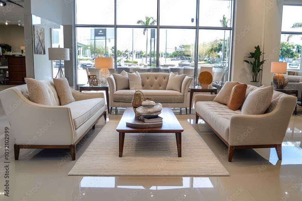 Fototapeta premium Three cream-colored sofas arranged in a living room showroom with wooden coffee table, lamps, decorative items, and area rug.