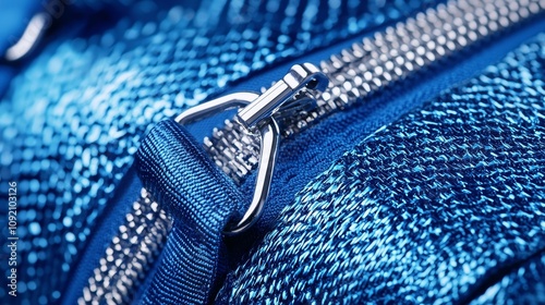 Blue nylon duffle bag in macro, textured fabric and zipper details, bright white isolation for branding and design presentation photo