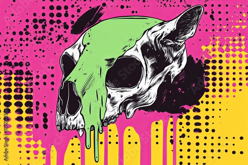 Surreal illustration of a cat skull with dripping neon paint on a vibrant pop art background. photo