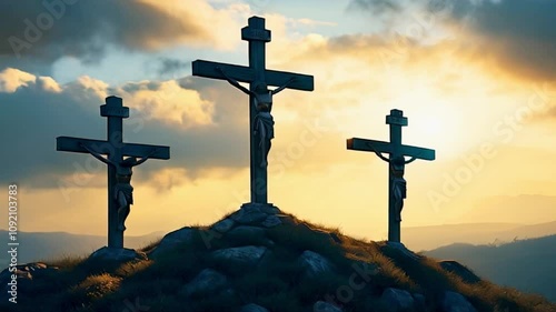 Powerful religious imagery of three crosses on Calvary hill with dramatic clouds and sunlight piercing through, evoking themes of crucifixion, resurrection, and divine sacrifice
 photo