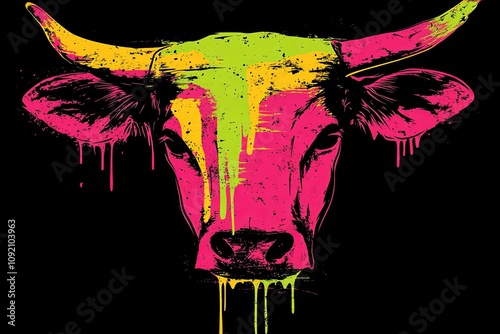 Vibrant neon pink and lime green paint splattered cow head portrait on black background. photo