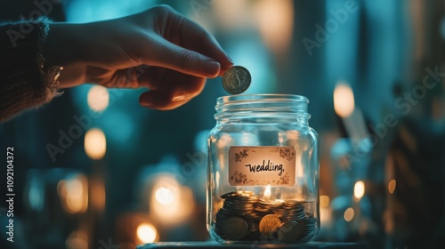 Close-up of a hand putting a coin into a glass jar labeled wedding , partially filled with coins, romantic background, focus on the jar and hand photo