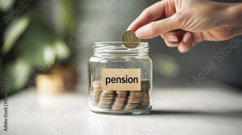 Person placing a coin into a glass jar with pension label, set on a clean, white table, minimalistic background, focus on the jar photo