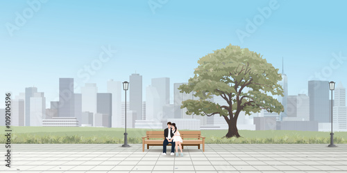 Couple of lover kissing on the bench at public park have skyscraper and blue sky background graphic illustration. Sweetheart's dating concept have blank space.