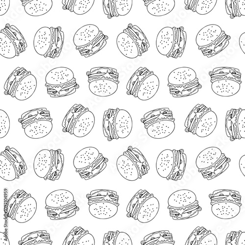 doodle burger pattern background. hamburger pattern. doodle fast food burger seamless pattern background. seamless pattern of burger in doodle style. Seamless Pattern of a Cheese Burger or Hamburger.