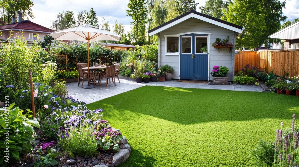 Fototapeta premium A serene garden featuring a cozy shed, lush greenery, vibrant flowers, and a charming outdoor dining area, perfect for relaxation and gatherings.