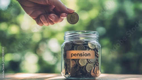 Transparent glass jar labeled pension filled with coins, hand holding a coin above the jar, simple and blurred background, emphasizing the act of saving photo